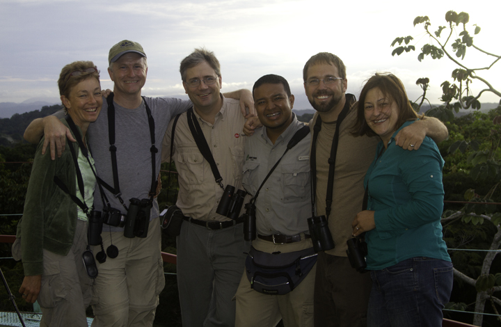 Our last dawn for this trip atop the Canopy Tower - <br />Geraldine King, Tom Feild, Jeff Bouton, Carlos Bethancourt, Bill Hubick, Becky Hubick. Photo by Bill Hubick.
